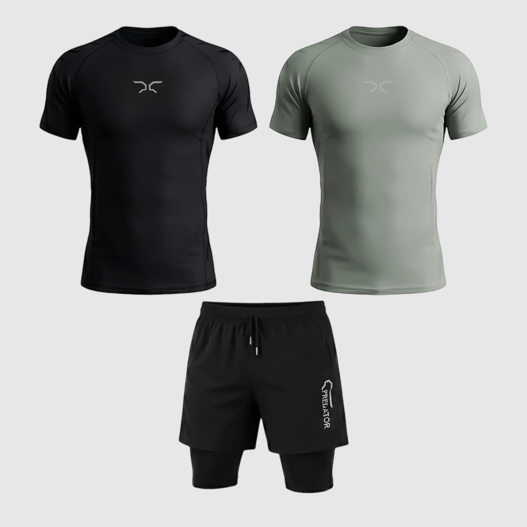 Gym Rotation Combo: 2 Compression T-Shirts + Shorts